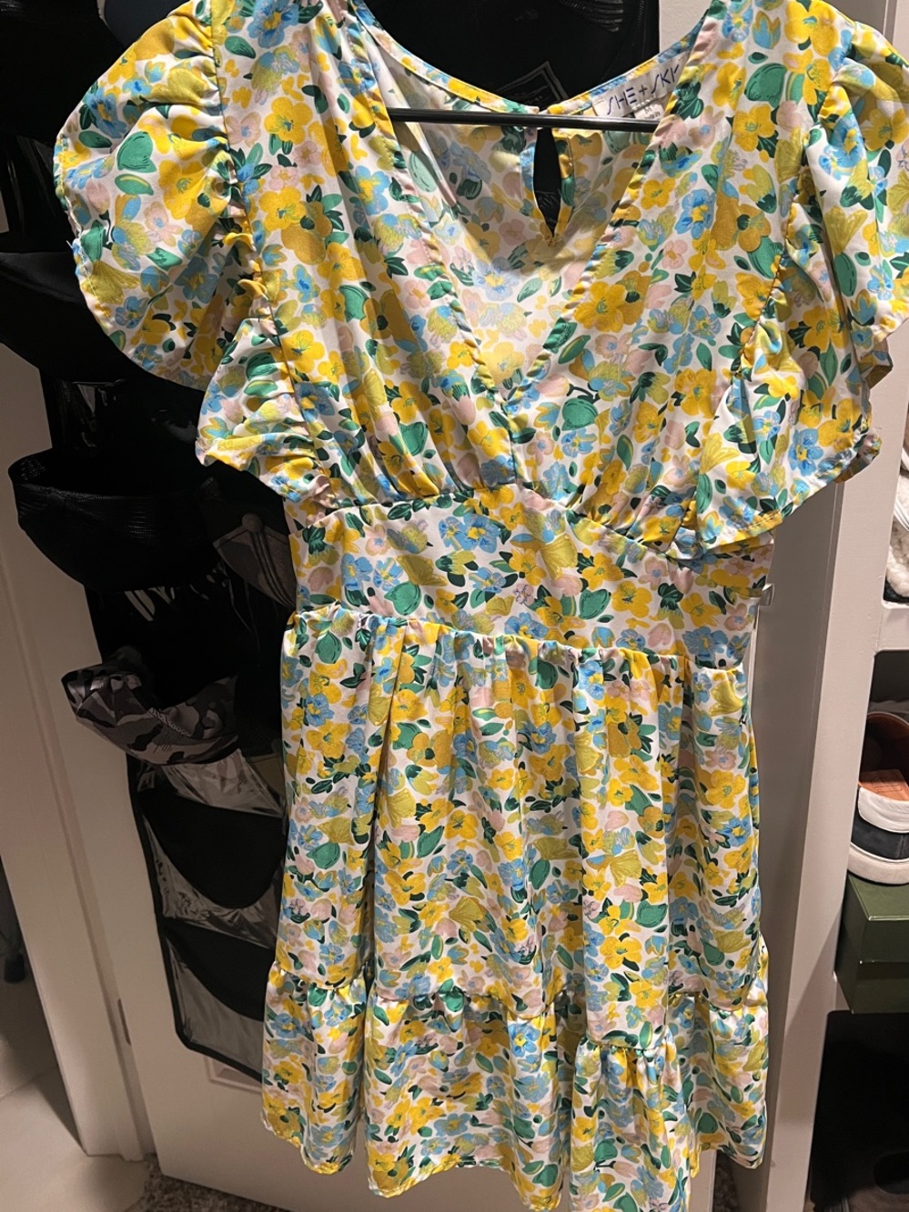 Floral V-Neck Puff Sleeve Dress - Yellow & Blue